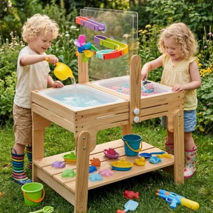 Tavolo in Legno Regolabile in Altezza per Sabbia e Acqua con 2 Contenitori Pieghevoli, Tavola Attività in Acrilico, Giocattoli con Pista d'Acqua, Set da Gioco 16 Pezzi