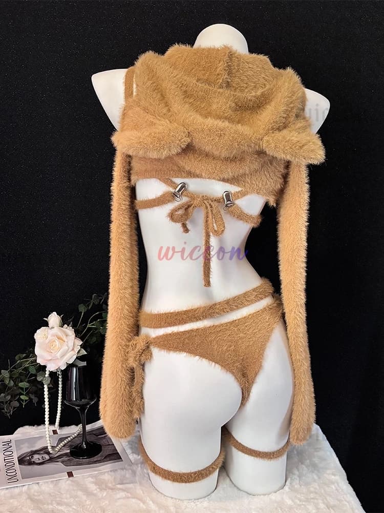 Anime Girl Cute Brown Bear Uniform Outfits Cosplay Costume Furry Sweater Outfits Cosplay Sexy Lingerie Stocking Gloves Pajamas