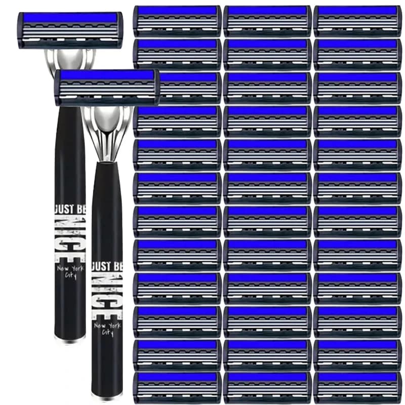 Professional manual safety shaver with metal handle and 3-layer blade for facial and beard care, with base for men's shaver