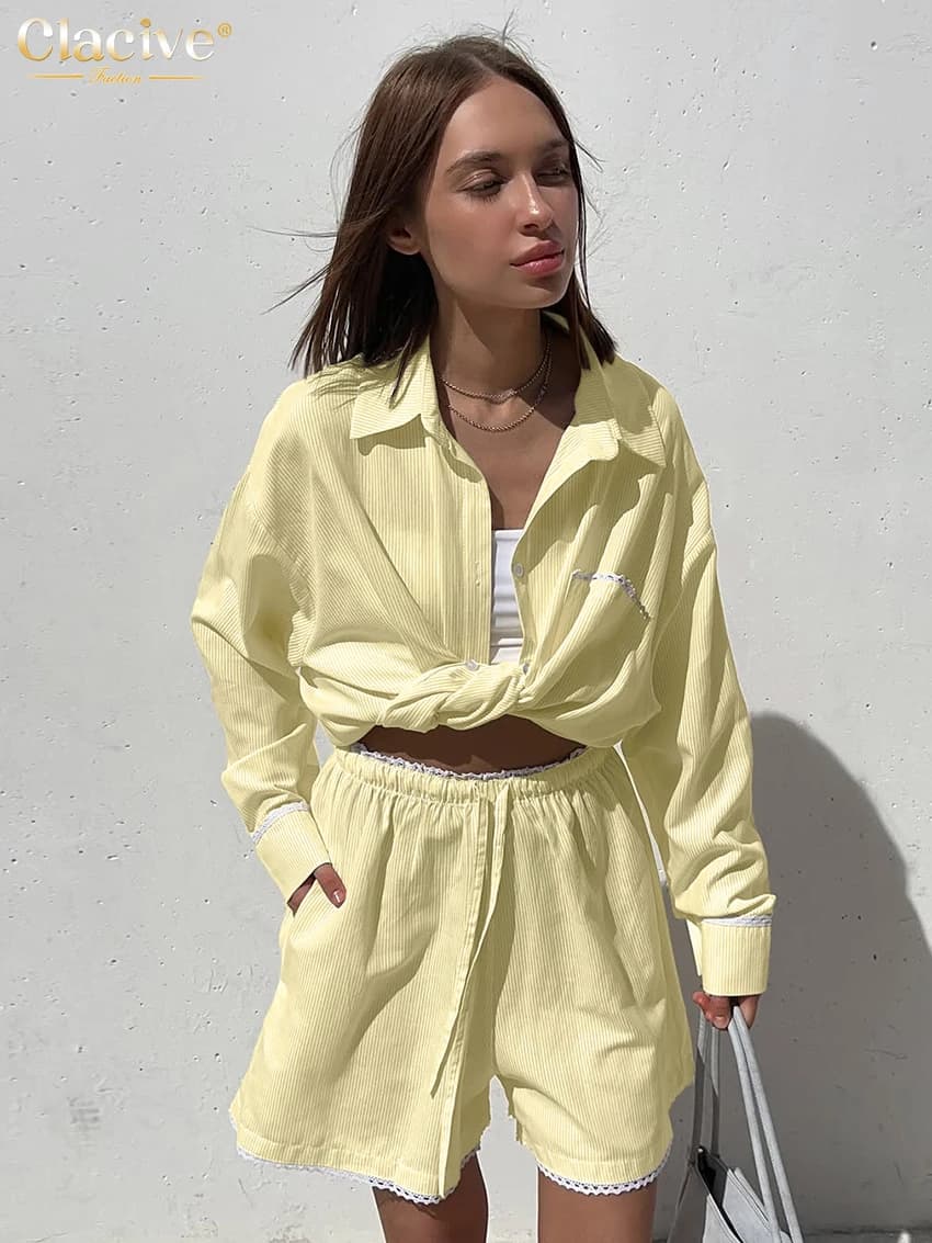Clacive Fashion Loose Yellow Stripe Women's Two Pieces Set 2025 Elegant Long Sleeve Shirt With High Waist Shorts Set Female