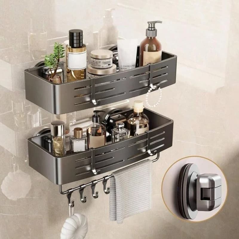 Mensola per doccia con ventosa resistente, organizer da bagno senza foratura con portasciugamani, confezione da 2, grigio opaco