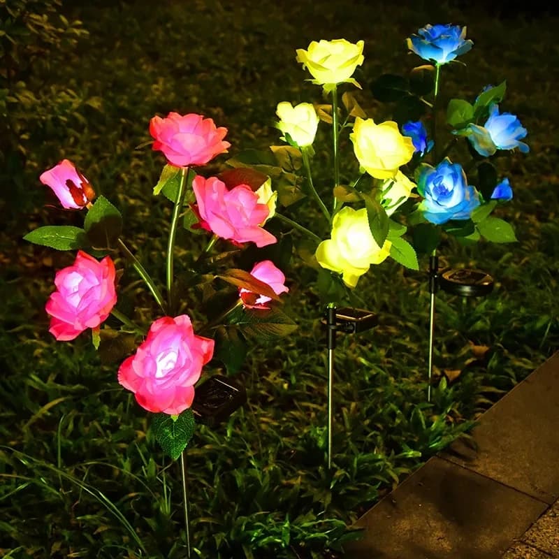 Luce da prato 5 teste LED simulazione solare fiori di rosa luci impermeabili lampade da giardino per esterni decorazione della casa luce notturna 040