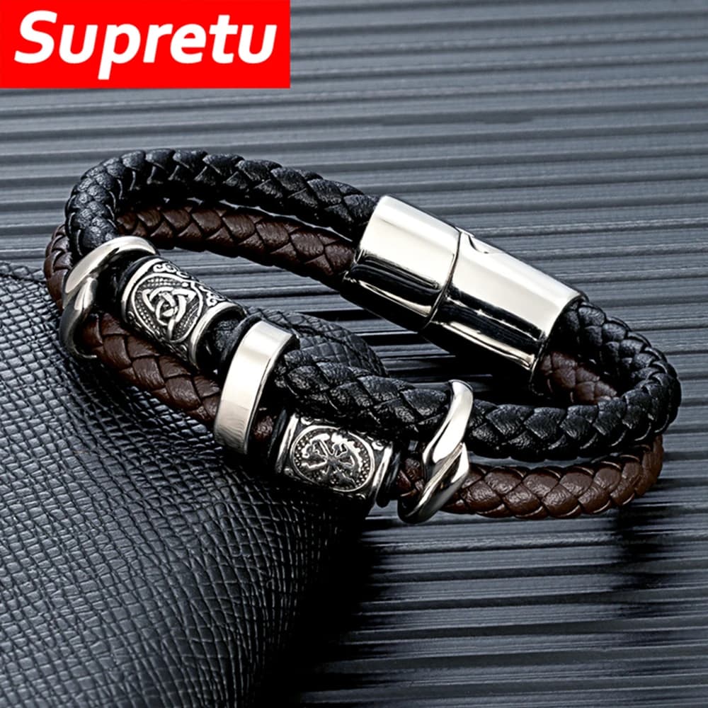 Bracciale in vera pelle a doppio strato punk vichingo da uomo in acciaio inossidabile con rune norvegesi, bussola, braccialetto, regalo di gioielli con fascino di moda