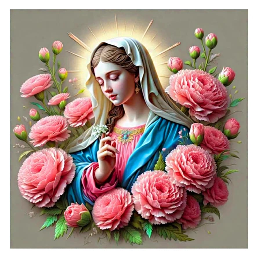 5D DIY Virgin Mary Mosaic Pink Peony Flower Diamond Painting Cross Stitch Kits Embroidery Rhinestones Religious Art Home Decor