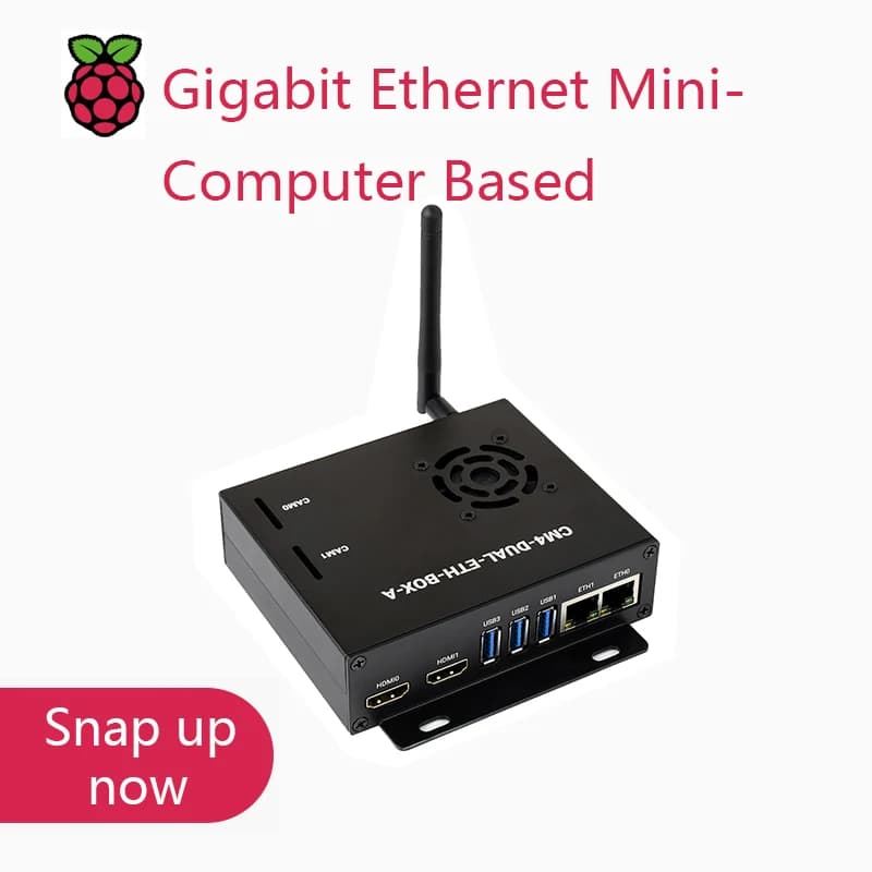 Minicomputer Waveshare Dual Gigabit Ethernet based on the processing module Raspberry Pi 4 (NON included), metal case, with cooling fan
