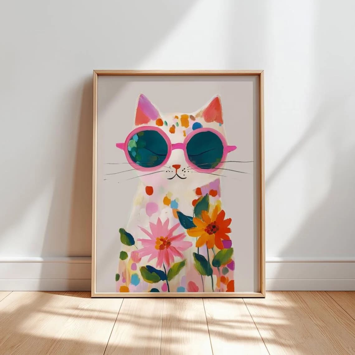 “Boho Cat colored wall art: playful polka dot kitten with pink sunglasses with floral accents - Vibrant abstract watercolor print