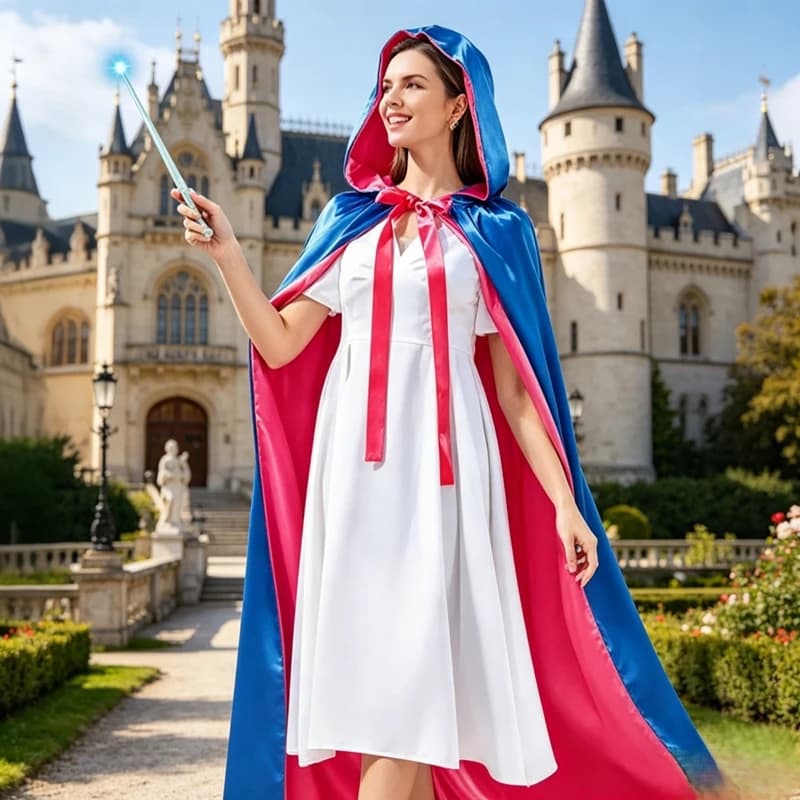 Halloween Double-Sided Hooded Cape with Belt Red And Blue Festive Atmosphere Cosplay Outfit Women's Traditional Chinese Costume