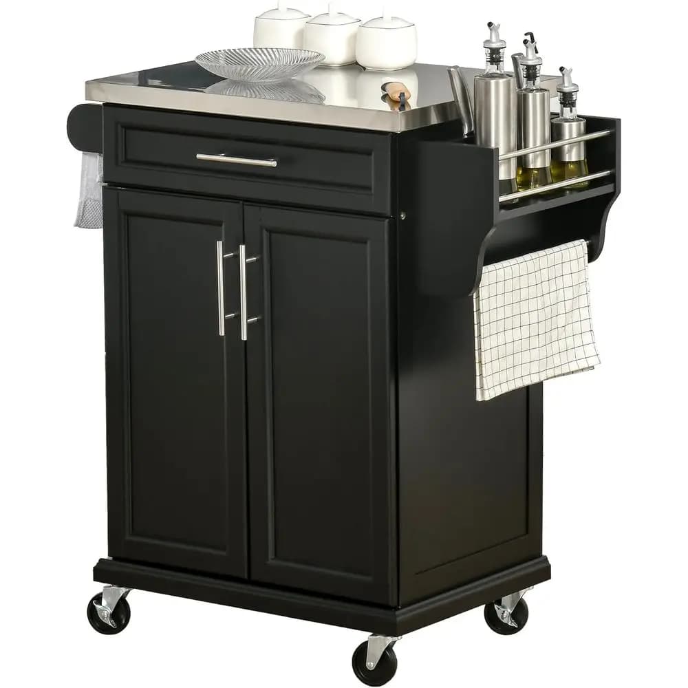 Isola da Cucina Nera con Ruote, Piano in Acciaio Inox, Portasciugamani e Portaspezie