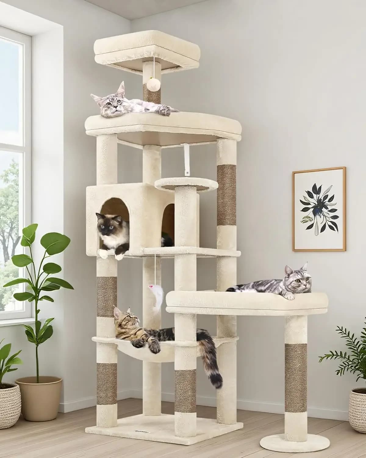 Albero per gatti con piattaforma grande Albero per gatti robusto alto 65 pollici per gatti da interno Grande torre per gatti grandi per adulti per gatti grandi con 3 posatoi ingranditi
