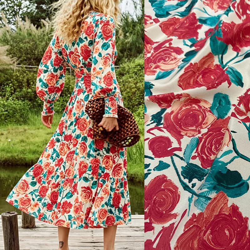 Red Rose Printed Stretch Silk Crepe de Chine Fabric for DIY Sewing Summer Dress Pajamas Soft Comfortable Silk Fabric FR7059