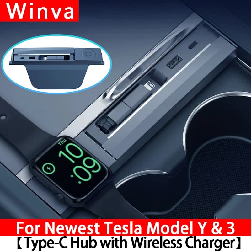 Hub USB 27W 3 in 1 per Nuova Tesla Model Y/3 con Cavo Retrattile e Supporto per Ricarica Wireless di Apple Watch