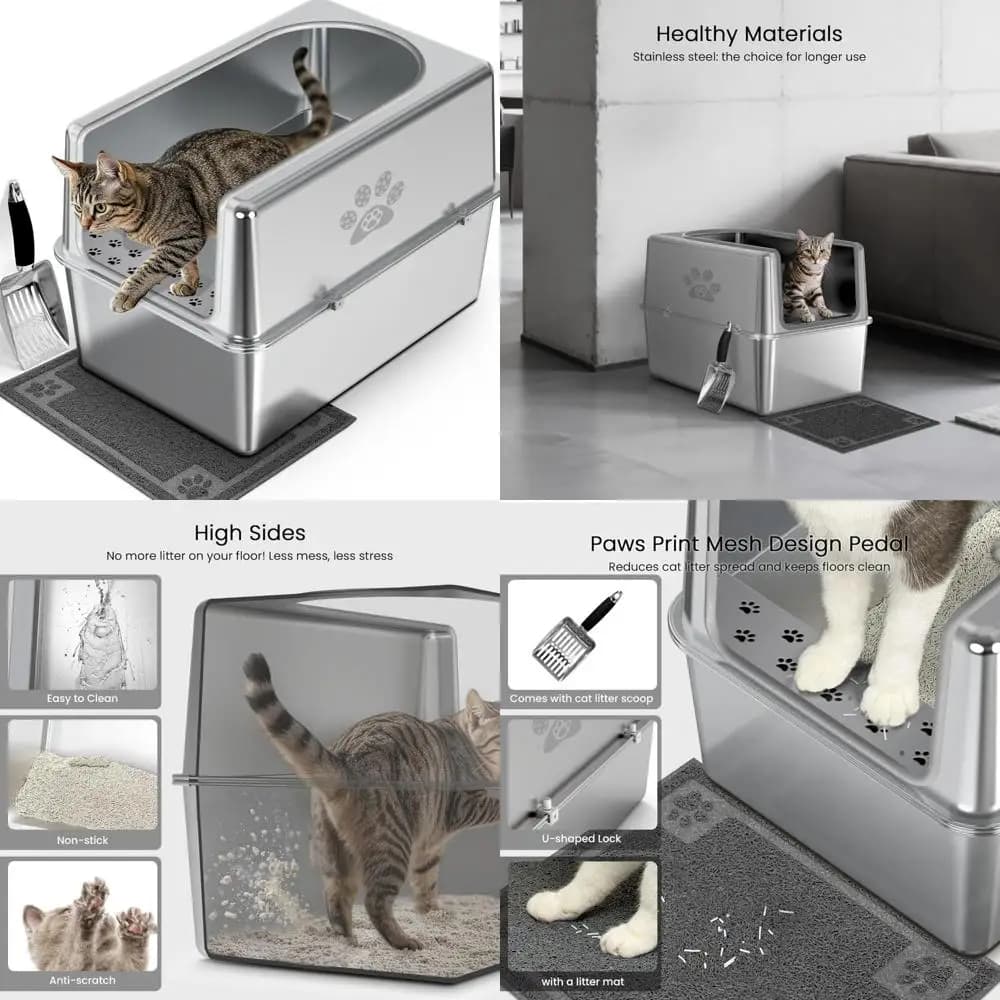 Lettiera per gatti extra large chiusa in acciaio inossidabile con lati alti per gatti di grandi dimensioni, WC in metallo XL con coperchio per l'igiene felina