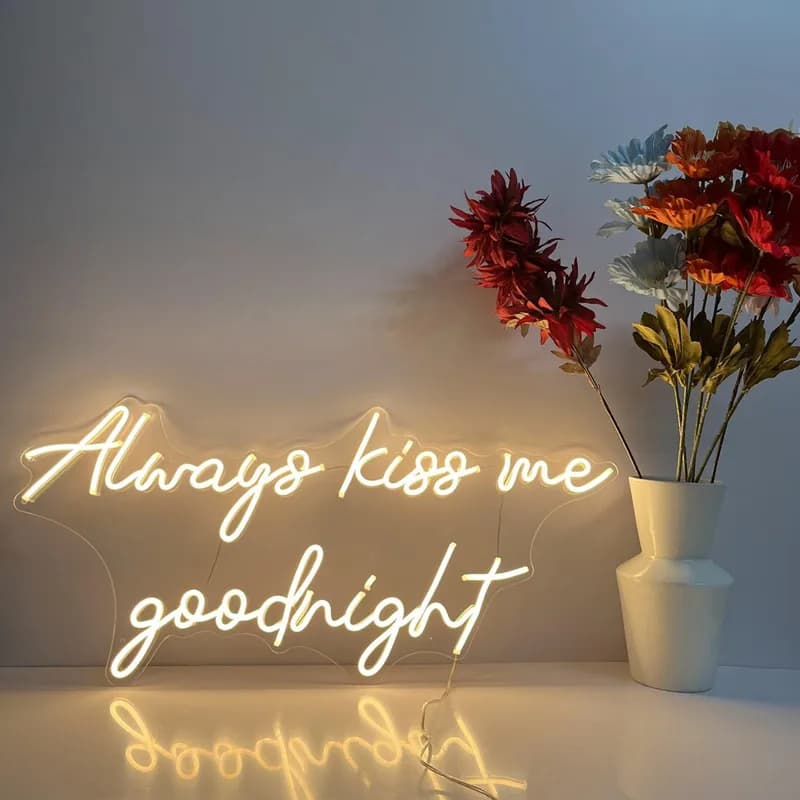 Insegna al neon a led Always kiss me buona notte, decorazione da parete per insegne al neon per camera da letto, insegne al neon personalizzate, regali di buona notte