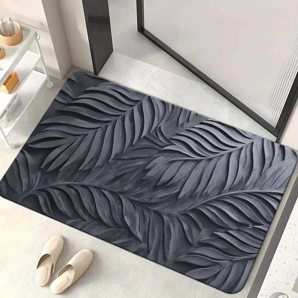 Solid Dark Grey 3D Palm Leaf Minimalist Floor Mat Non Slip Entrance Rug Front Door Modern Neutral Plant Print Indoor Doormat