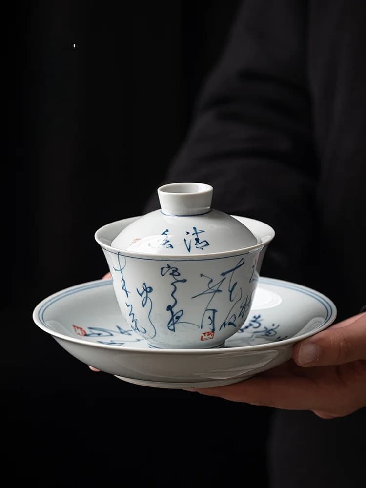 Xi Yuan Ji Three-Piece Set Tea Bowl with Lid Calligraphy Ceramic Tea Set High End Home Use Brewing Tea Cup Wood Ash Aesthetic