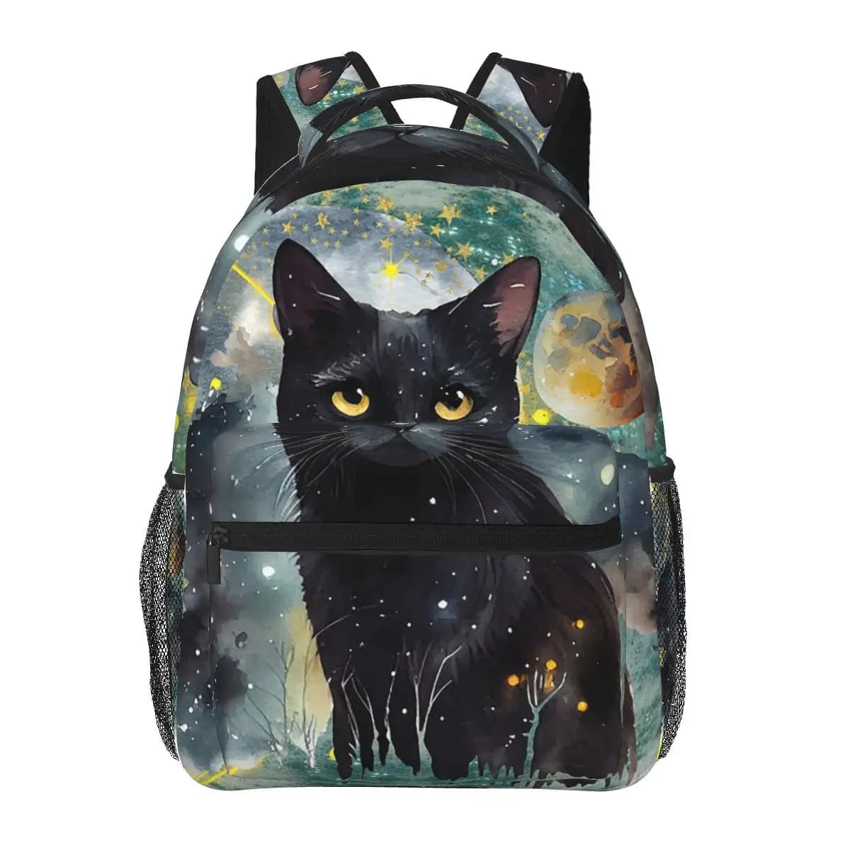 Zaino scolastico da studente con gatto nero misterioso, stelle e lune, borsa da viaggio per escursioni, zaino da giorno per bambini, borsa a tracolla