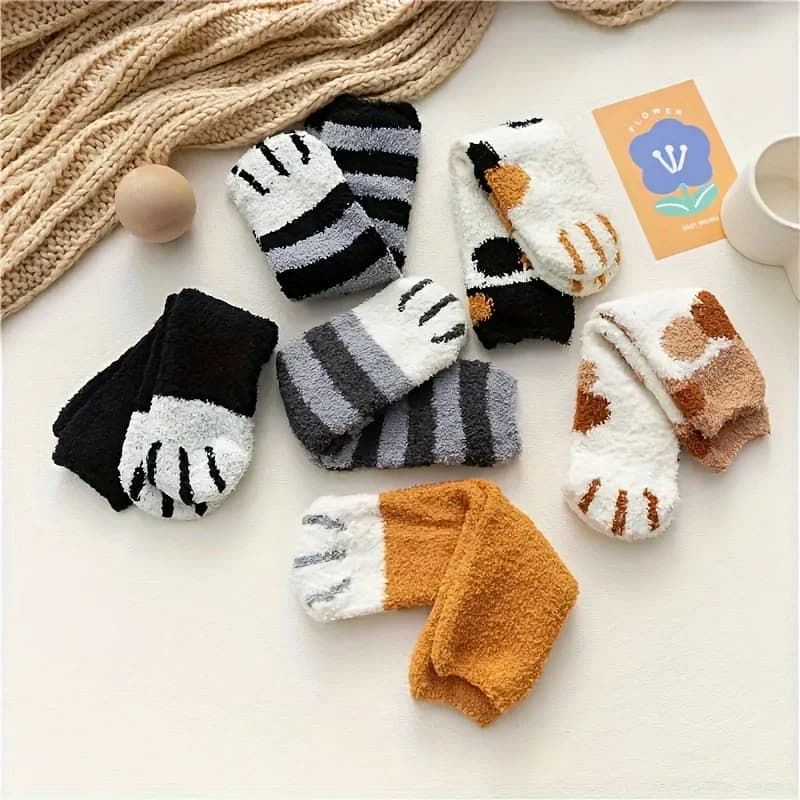 6 paia di calzini in peluche con motivo zampa di gatto dei cartoni animati, design caldo e confortevole | Nuovi arrivi autunno/inverno/calzini lunghi da donna