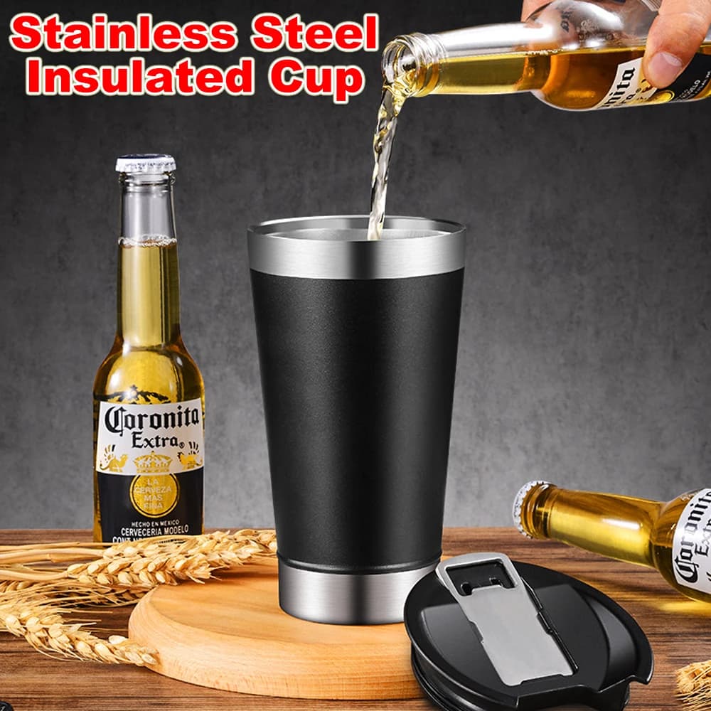 Bicchieri da birra freddi da 473 ml con coperchio apribottiglie Thermos in acciaio inossidabile Tazze da caffè per acqua per bicchieri termici da tè Bicchieri
