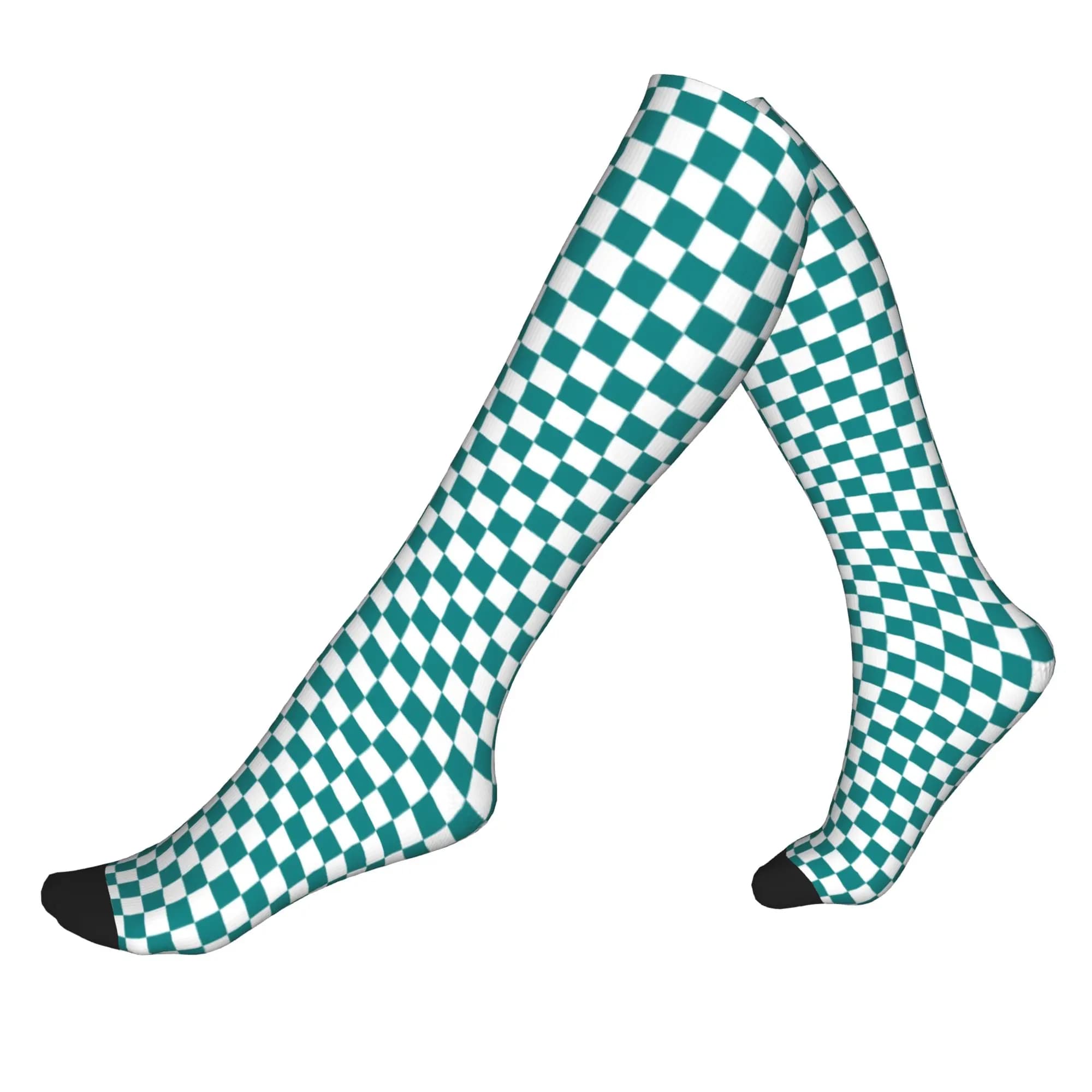 Calzini sportivi a compressione da uomo a quadri bianchi e verde acqua, calzini unisex divertenti per primavera, estate, autunno e inverno