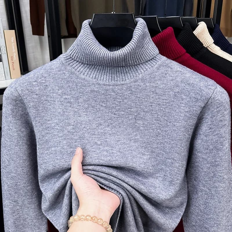Autumn Male Roll Neck Knitted Jumper Elastic Rib Neckline Long Sleeve Simple Solid Casual Commute Pullover