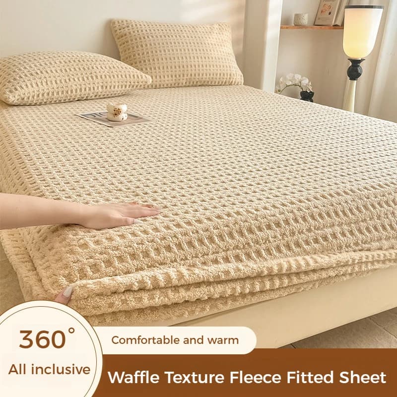 Solid Waffle Texture Fleece Fitted Sheet Autumn Winter Warm Mattress Protector Single Double Size Soft Bed Sheet with Pillowcase