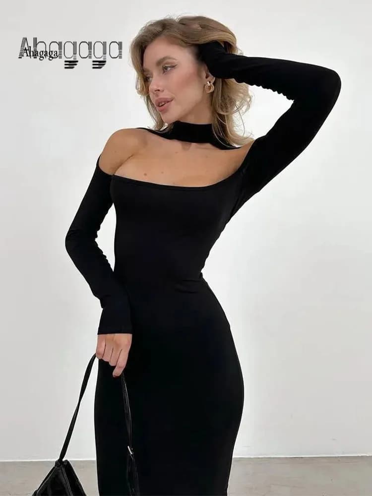 Ahagaga Moda Guaina Long women's Dresses Solid Excava Off Sweetheart Regular long sleeves Fitting Women's Dresses