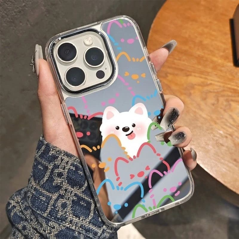 Cover per iPhone con Specchio e Simpatici Cani e Gatti per iPhone 11 Pro Max X XR XS Max 8 7 Plus, Custodia Posteriore con Cuccioli Cartoon
