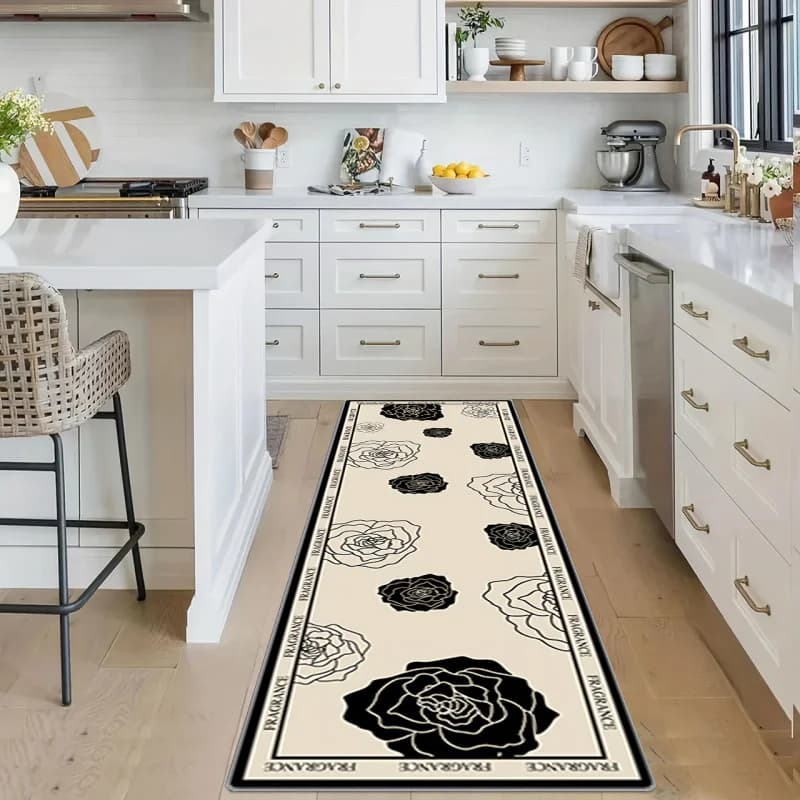 VIKAMA Tappeto Romantico Nero Camelia Antimacchia Antiscivolo per Comodino, Camera da Letto, Cucina, Lavanderia, Arredamento Casa