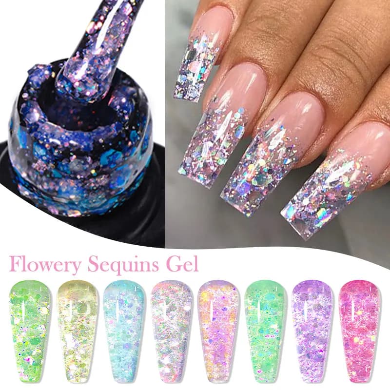 Set di 4/8 Smalti Gel con Paillettes Floreali, Glitter Olografico Laser, Semipermanente, Soak Off, Gel UV, Forniture per Unghie Estive