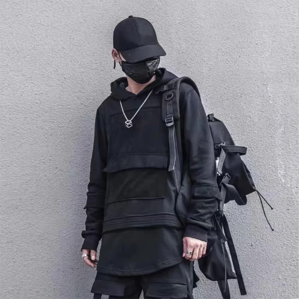 Felpa con cappuccio pullover patchwork Harajuku uomo Hip Hop Streetwear Techwear felpe con cappuccio felpe top in cotone tuta primaverile nera