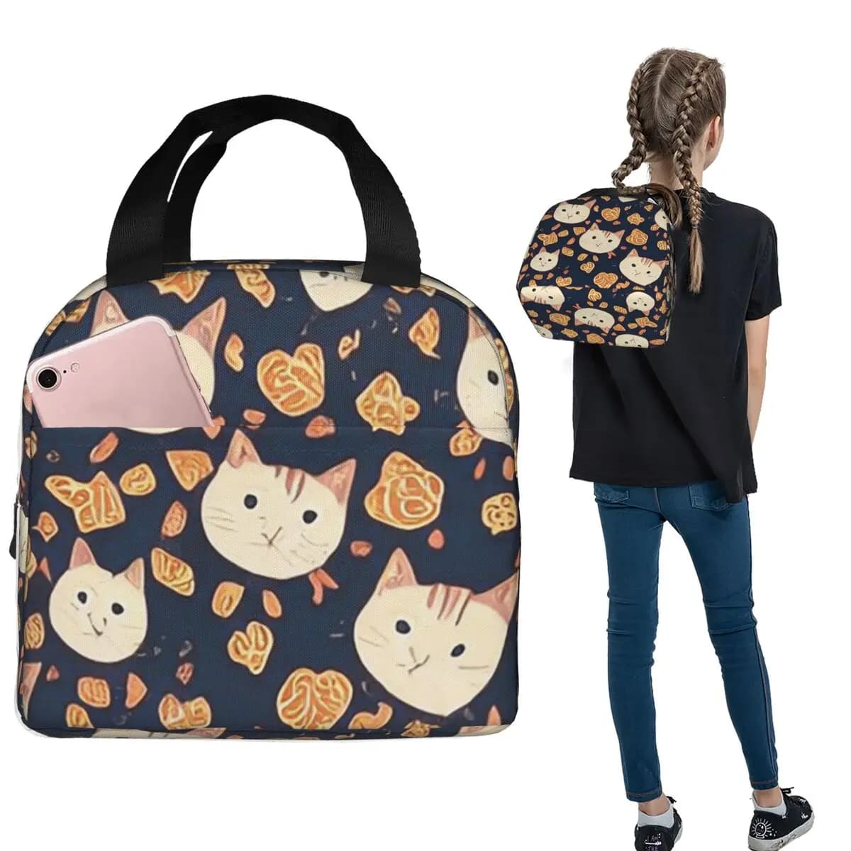 Cute Cat Biscuit Pattern Insulated Lunch Bag for Women Children Leakproof Food Boxes Thermal Lunch Box Tote