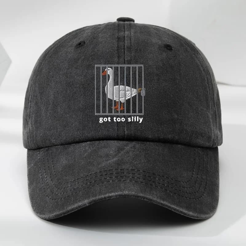 Divertente berretto da baseball grafico Goose in Cage - Cappello snapback regolabile con testo Duck & "Got Too Silly", morbido e traspirante per uomo donna,