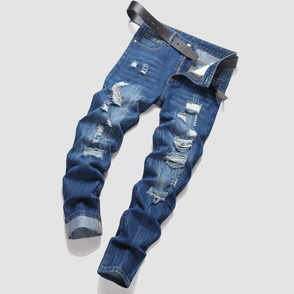 Jeans in denim strappati con lavaggio scuro a gamba dritta streetwear alla moda da uomo