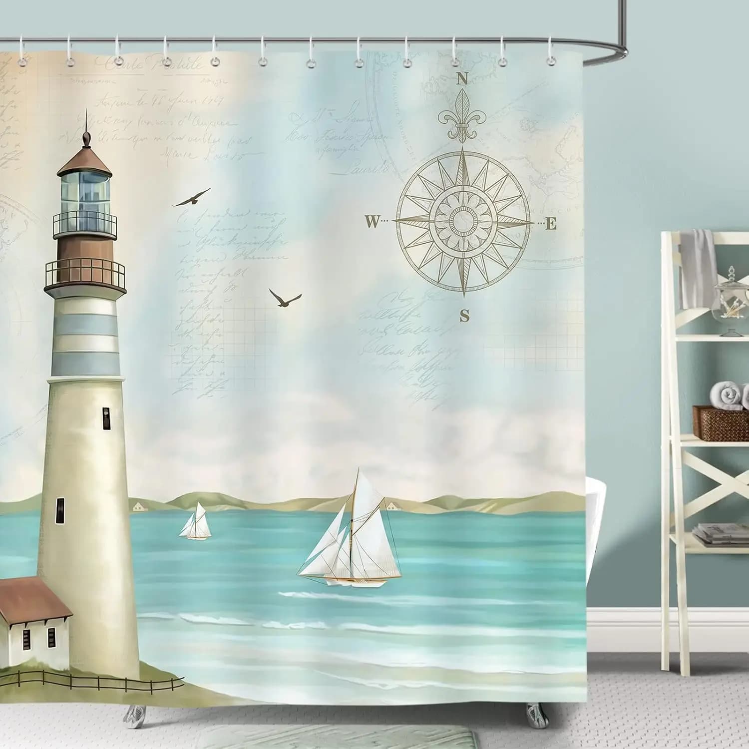 Tenda da doccia faro, decorazione per il bagno con bussola per barca a vela costiera nautica, tenda da bagno impermeabile in tessuto poliestere con 12 ganci