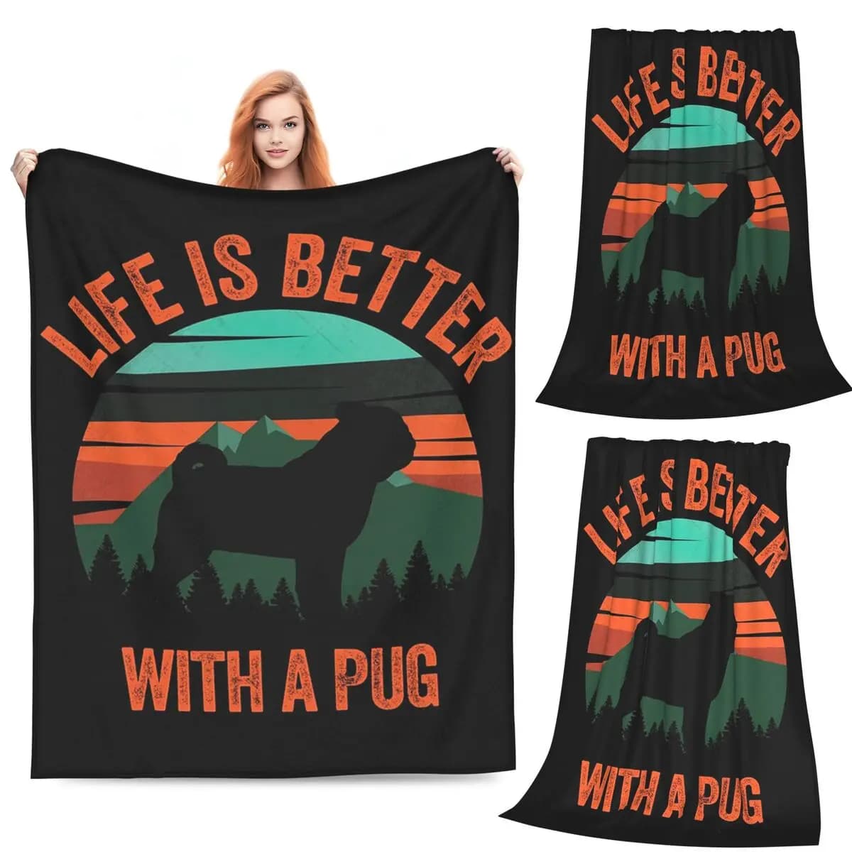 Life Is Better With Dogs Pug Dog Blanket Soft Warm Flannel Throw Blanket Bedding for Bed Living room Picnic Travel Home Sofa