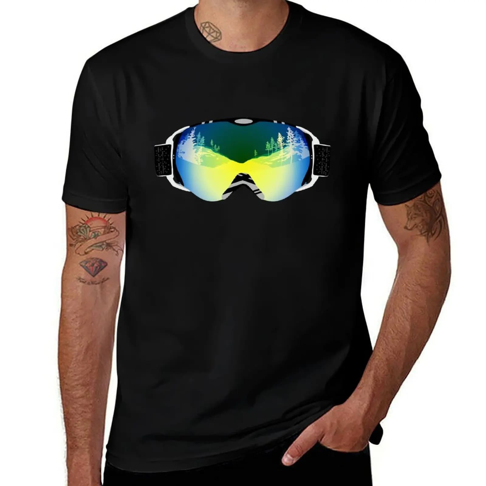 T-shirt con stampa di motivi astratti e occhiali da sci