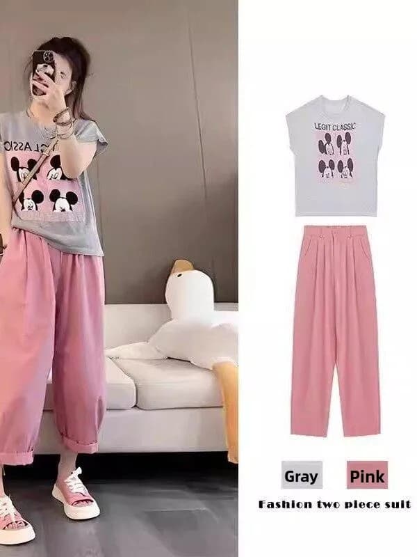 plus Size 300 Pounds Sweet Youthful Sportswear Set Women Summer Mickey Short Sleeve T-Shirt Long Pants Two Piece Set