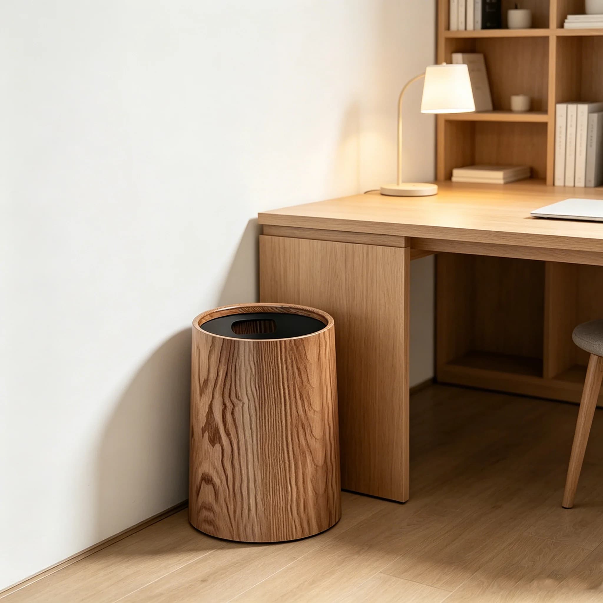 Elegante cestino per rifiuti con finitura effetto legno, design aperto, resistente e compatto, perfetto per la casa, l'ufficio e vari ambienti. H0256-3.2