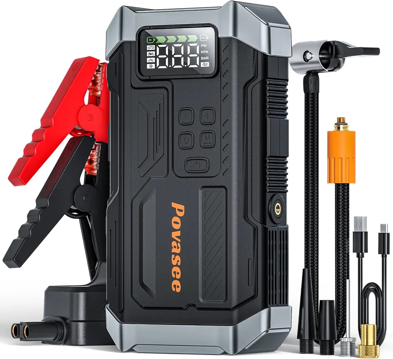 Nuovo Avviatore di Emergenza 5000A 2026 con Compressore d'Aria, Gonfiatore Pneumatici 150PSI, Display LCD e Torcia per Auto