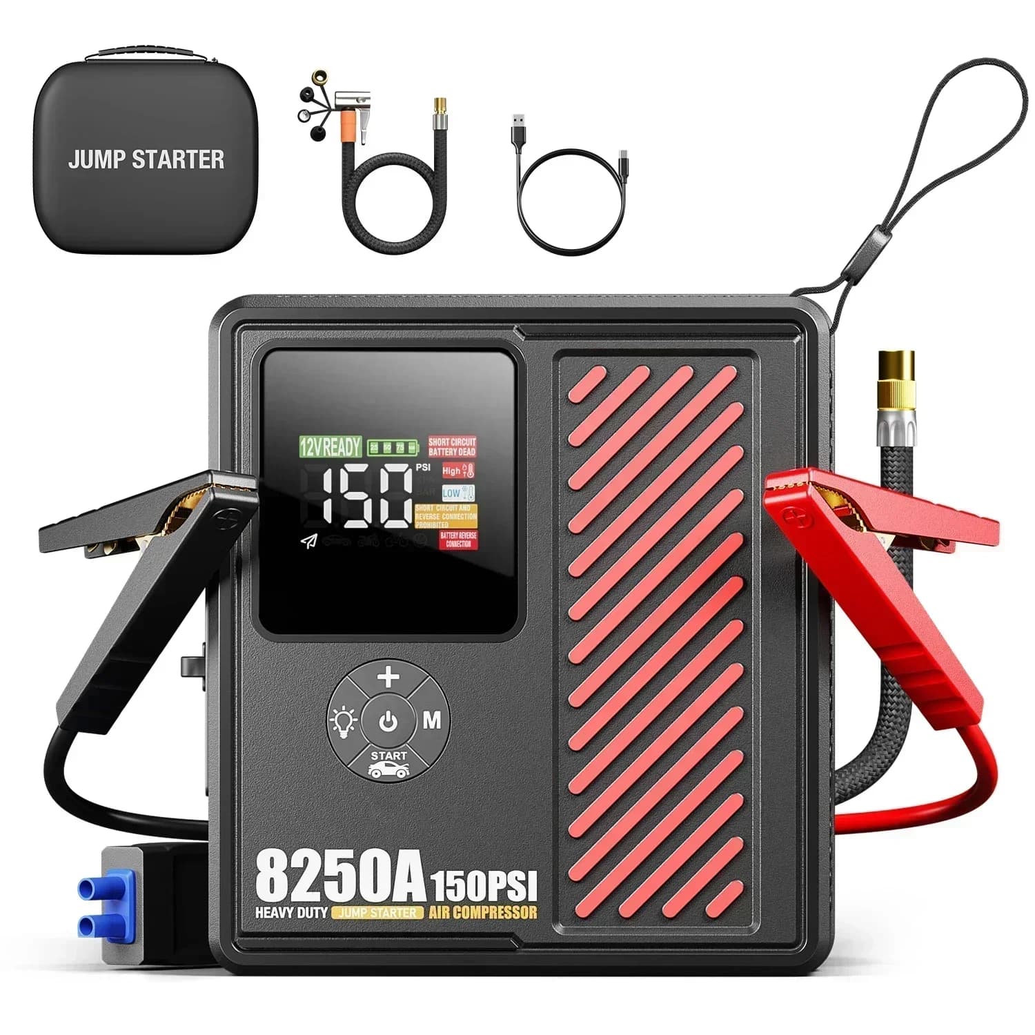 2025 8250A Power Bank Jump Start 150PSI Pompa d'aria Jumper Starter 12V Batteria per auto Compressore d'aria di emergenza per auto camion