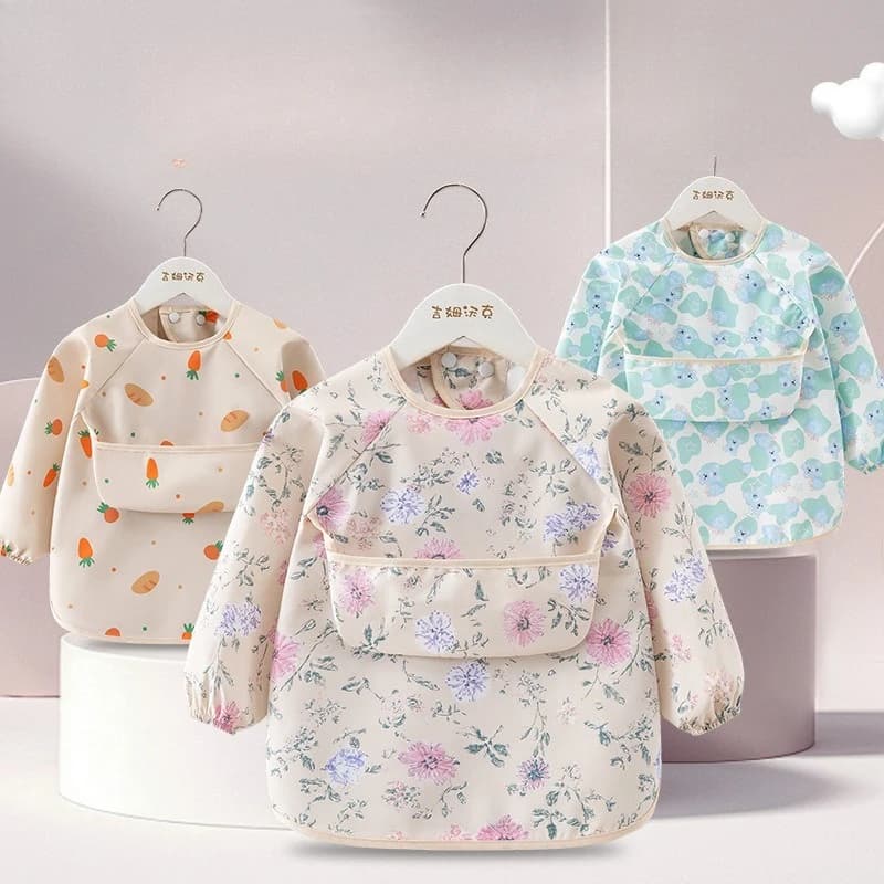 1PC Waterproof Long Sleeve Child Feeding Bib Toddler Rice Pocket Blouse Summer Thin Apron Children's Feeding Smock
