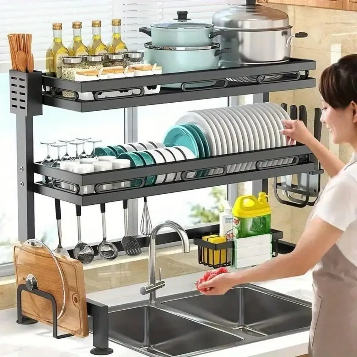 3-Tier Adjustable Over Sink Dish Rack, Phone, Cup, Knife, Chopstick & Cutting Board Storage Holder