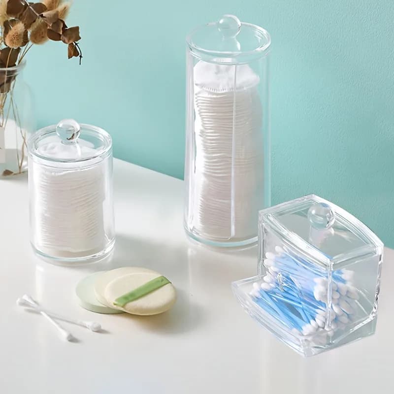 Confezione da 3 contenitori per bagno in plastica trasparente: dispenser per tamponi di cotone/cuscinetti e organizzatori cosmetici per vanità