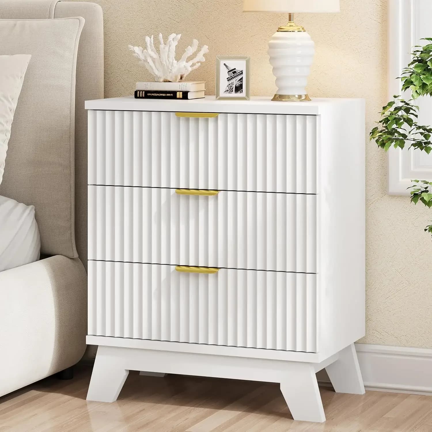 Fluted Nightstand, 24" Wide Side Table with 3 Large Storage Drawers, Mid Century Modern Wood Night Stand with Metal Handle, Wood