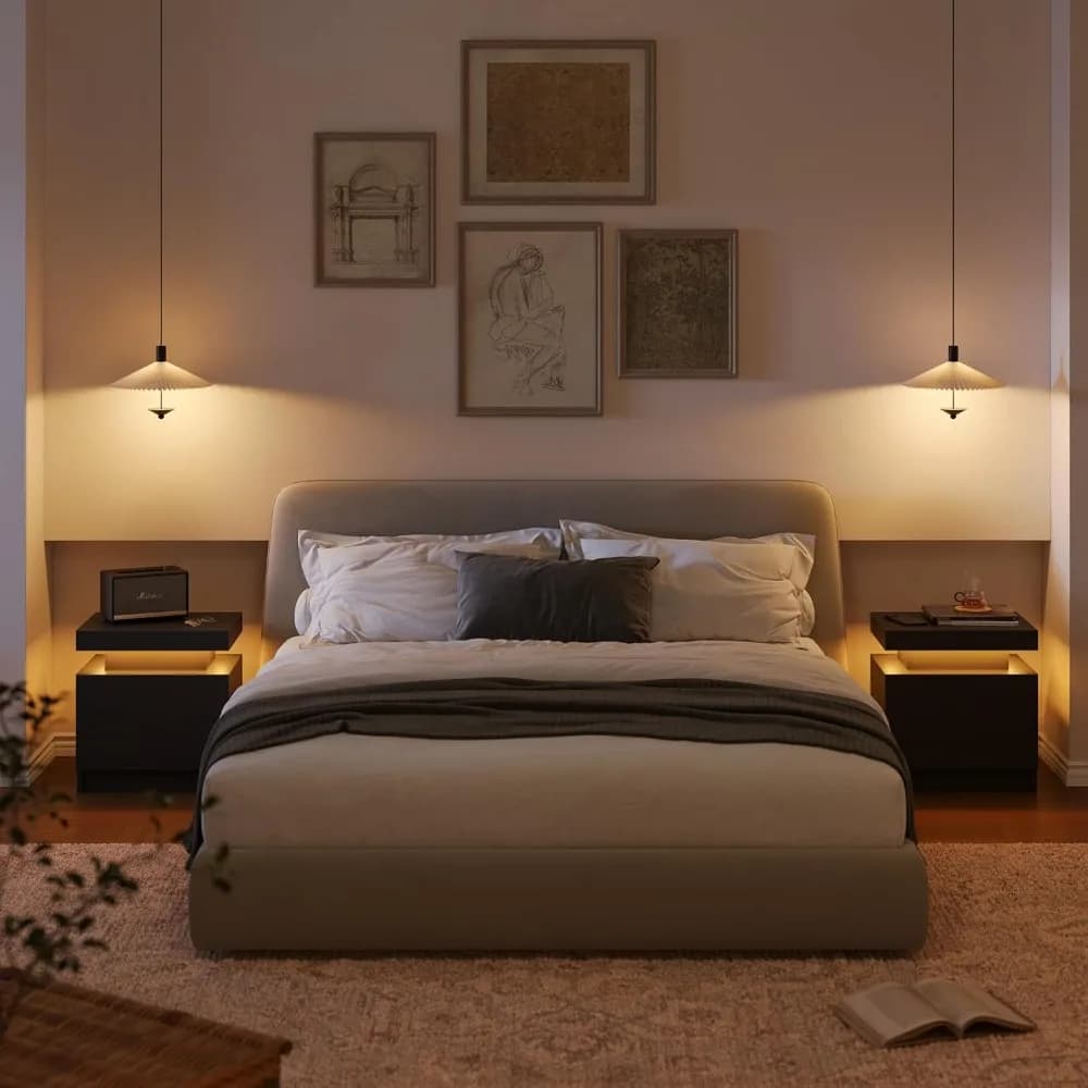 Set di 2 Comodini, Tavolini da Notte con Luci LED, Comodini con 2 Cassetti in Legno, Set di 2 Tavolini d'Appoggio per Soggiorno