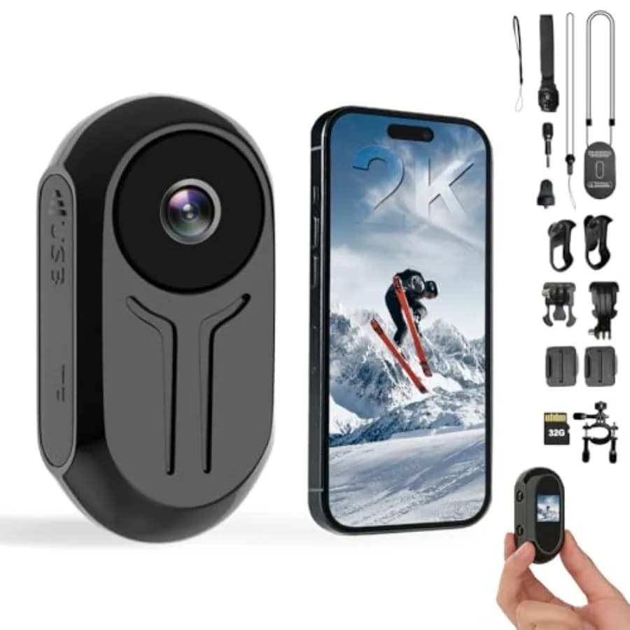 Bodycam 2K per Sport Sci Viaggi, Plastica ABS, Nera, Telecamera POV Indossabile con Azionamento a Pollice, Scheda da 32GB, Accessori Multipli e APP