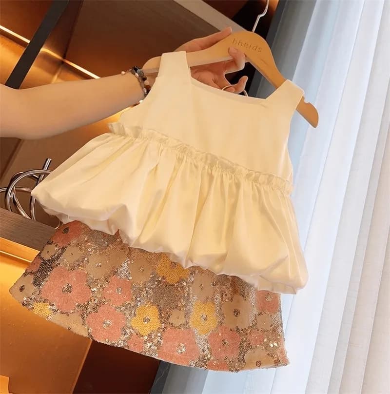 Girls' Summer Suspender Set 2025 New Baby Girl Casual Vest Short Sleeve Summer Sequined Skirt Two-piece Set