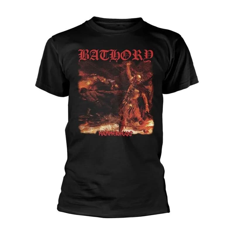 T-shirt con stampa fronte-retro Bathory Band Hammerheart, maglietta neutra casual in cotone 100%, streetwear in metallo nero per uomo e donna