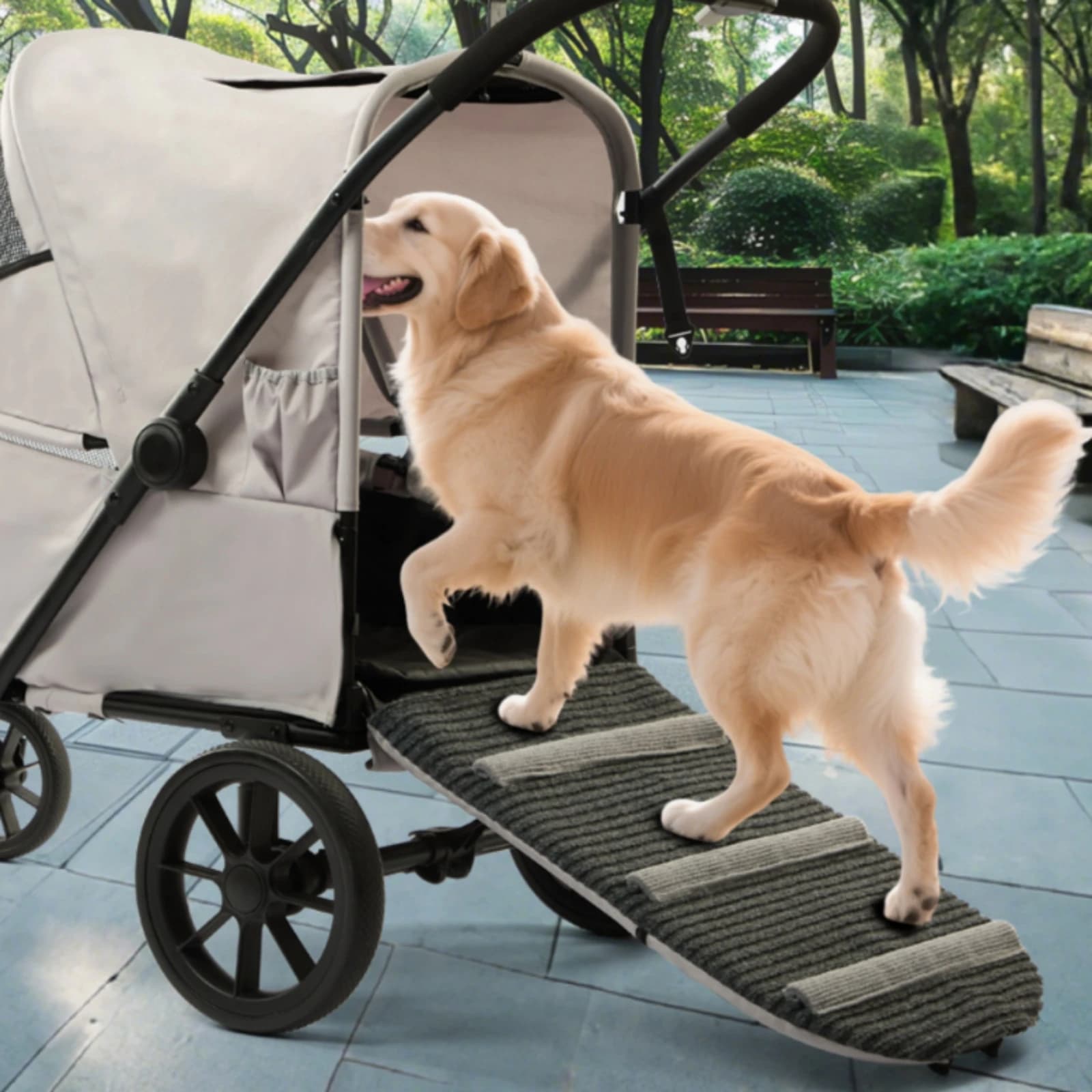 Folding Dog Stroller Single-Press Fold Soft-Sided Pet Stroller Front Ramp