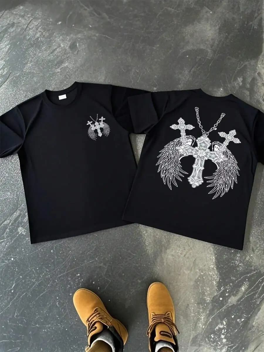 T-shirt casual da uomo a girocollo a maniche corte, 1 pezzo, con design ornamentale e spirituale a croce con ali